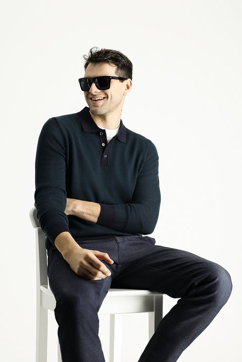 Koyu Lacivert Polo Yaka Slim Fit Dar Kesim Desenli Triko Kazak