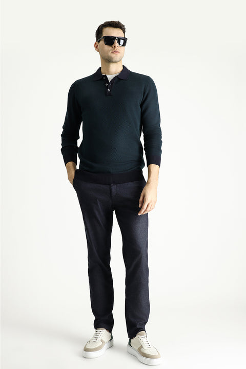 Koyu Lacivert Polo Yaka Slim Fit Dar Kesim Desenli Triko Kazak
