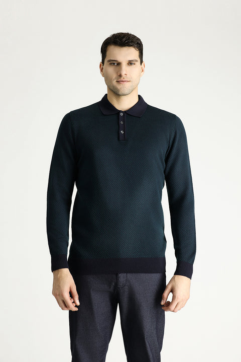 Koyu Lacivert Polo Yaka Slim Fit Dar Kesim Desenli Triko Kazak