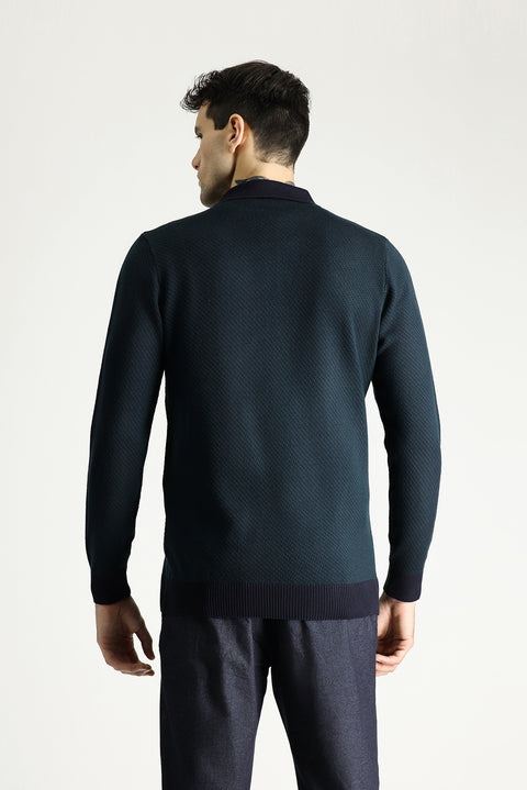 Koyu Lacivert Polo Yaka Slim Fit Dar Kesim Desenli Triko Kazak