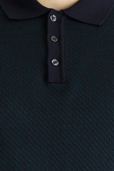 Koyu Lacivert Polo Yaka Slim Fit Dar Kesim Desenli Triko Kazak