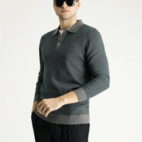 Orta Gri Polo Yaka Slim Fit Dar Kesim Desenli Triko Kazak