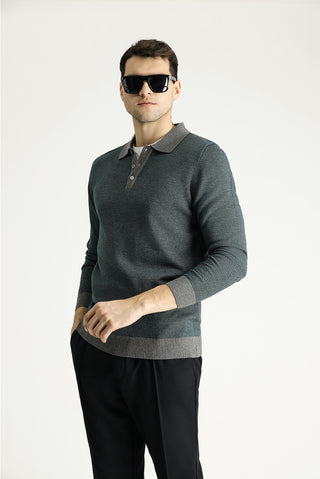  Orta Gri Polo Yaka Slim Fit Dar Kesim Desenli Triko Kazak