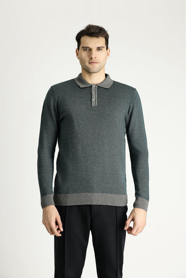  Orta Gri Polo Yaka Slim Fit Dar Kesim Desenli Triko Kazak