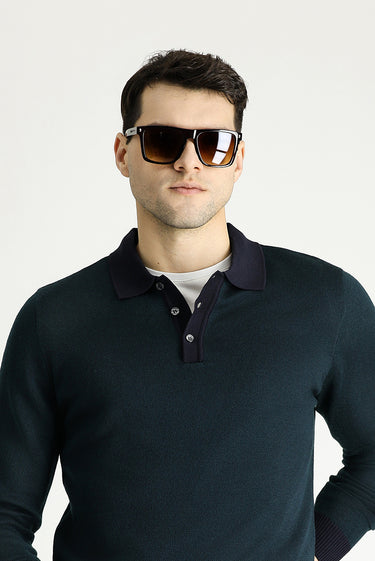 Koyu Lacivert Polo Yaka Slim Fit Dar Kesim Desenli Triko Kazak
