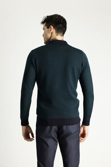 Koyu Lacivert Polo Yaka Slim Fit Dar Kesim Desenli Triko Kazak