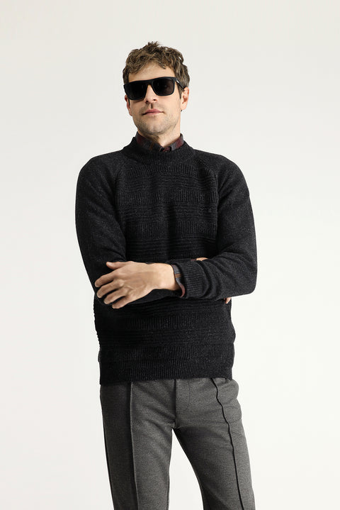 Koyu Antrasit Yarım Balıkçı Yaka Slim Fit Dar Kesim Desenli Yünlü Pamuklu Triko Kazak