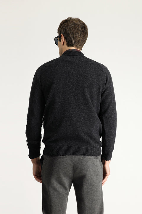 Koyu Antrasit Yarım Balıkçı Yaka Slim Fit Dar Kesim Desenli Yünlü Pamuklu Triko Kazak