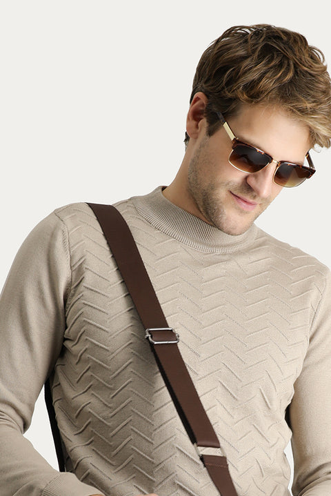 Medium Mink Half Turtleneck Slim Fit Narrow Cut Patterned Cotton Knit Sweater