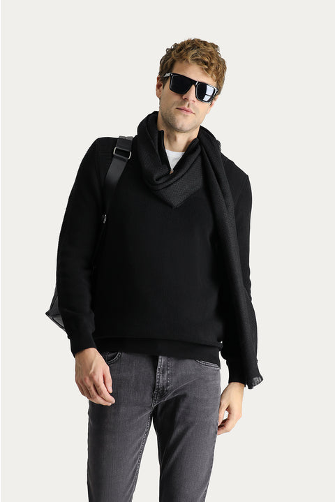 Siyah Yarım Balıkçı Yaka Regular Fit Fermuarlı Pamuklu Triko Kazak