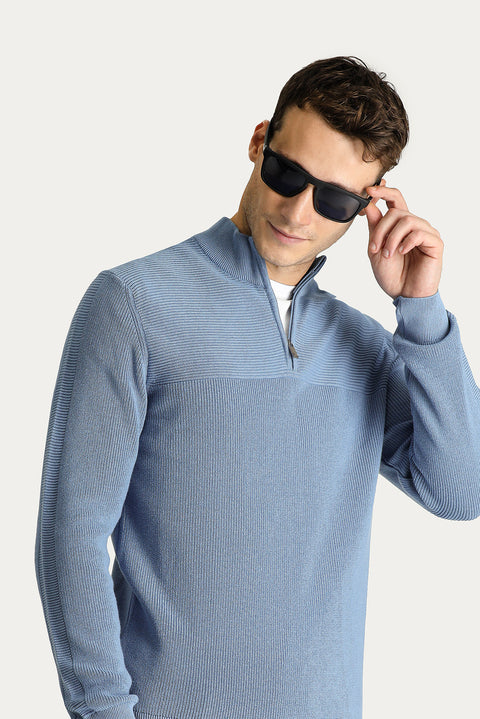 Havacı Mavi Yarım Balıkçı Yaka Regular Fit Fermuarlı Pamuklu Triko Kazak