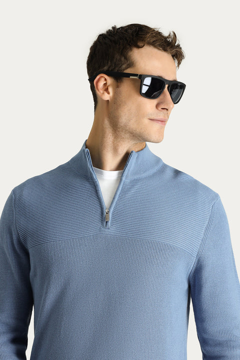 Havacı Mavi Yarım Balıkçı Yaka Regular Fit Fermuarlı Pamuklu Triko Kazak