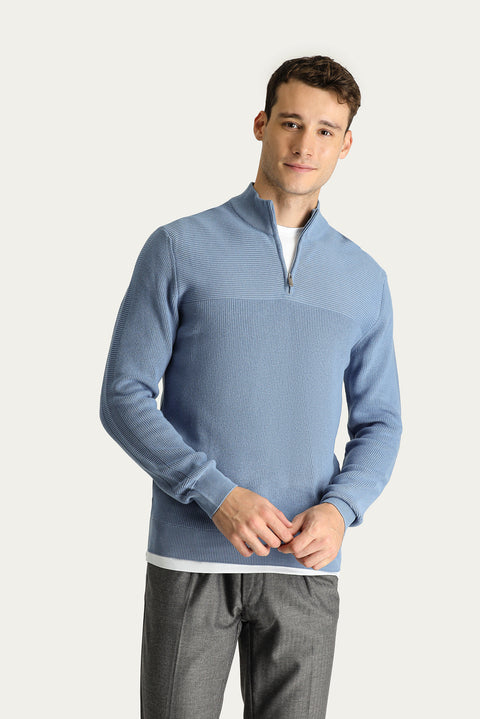 Havacı Mavi Yarım Balıkçı Yaka Regular Fit Fermuarlı Pamuklu Triko Kazak