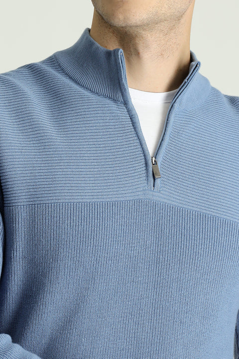 Havacı Mavi Yarım Balıkçı Yaka Regular Fit Fermuarlı Pamuklu Triko Kazak