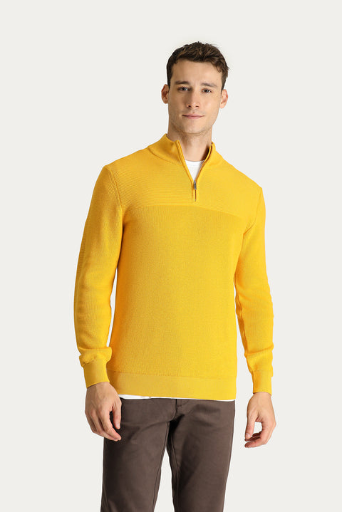 Hardal Yarım Balıkçı Yaka Regular Fit Fermuarlı Pamuklu Triko Kazak