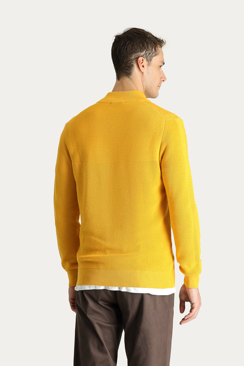 Hardal Yarım Balıkçı Yaka Regular Fit Fermuarlı Pamuklu Triko Kazak