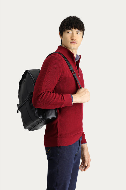 Koyu Kırmızı Yarım Balıkçı Yaka Regular Fit Fermuarlı Pamuklu Triko Kazak