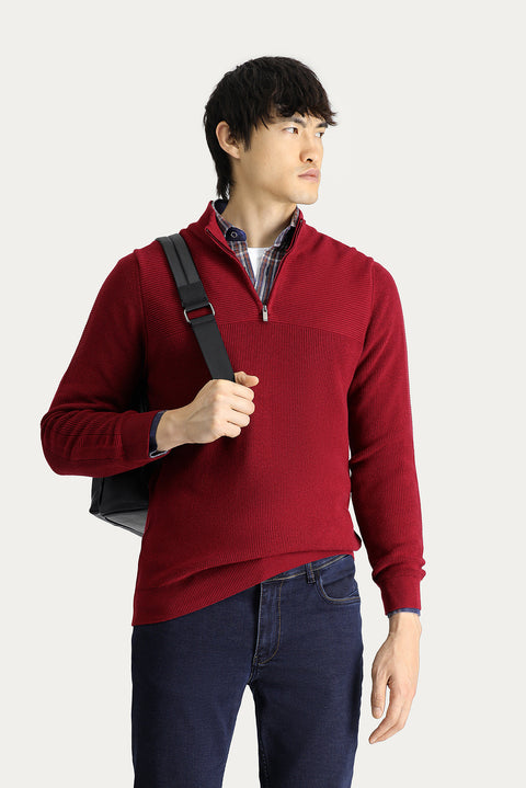 Koyu Kırmızı Yarım Balıkçı Yaka Regular Fit Fermuarlı Pamuklu Triko Kazak