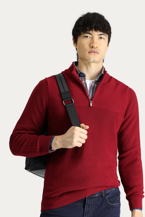 Koyu Kırmızı Yarım Balıkçı Yaka Regular Fit Fermuarlı Pamuklu Triko Kazak