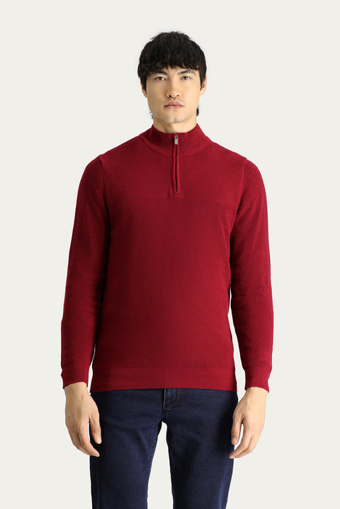 Koyu Kırmızı Yarım Balıkçı Yaka Regular Fit Fermuarlı Pamuklu Triko Kazak