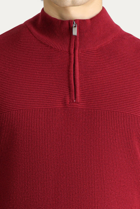 Koyu Kırmızı Yarım Balıkçı Yaka Regular Fit Fermuarlı Pamuklu Triko Kazak