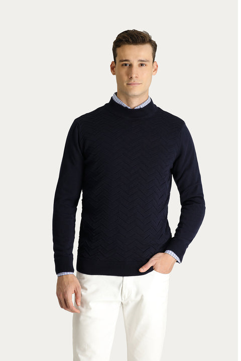 Koyu Lacivert Yarım Balıkçı Yaka Regular Fit Desenli Pamuklu Triko Kazak