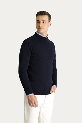  Koyu Lacivert Yarım Balıkçı Yaka Regular Fit Desenli Pamuklu Triko Kazak