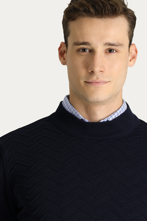 Koyu Lacivert Yarım Balıkçı Yaka Regular Fit Desenli Pamuklu Triko Kazak