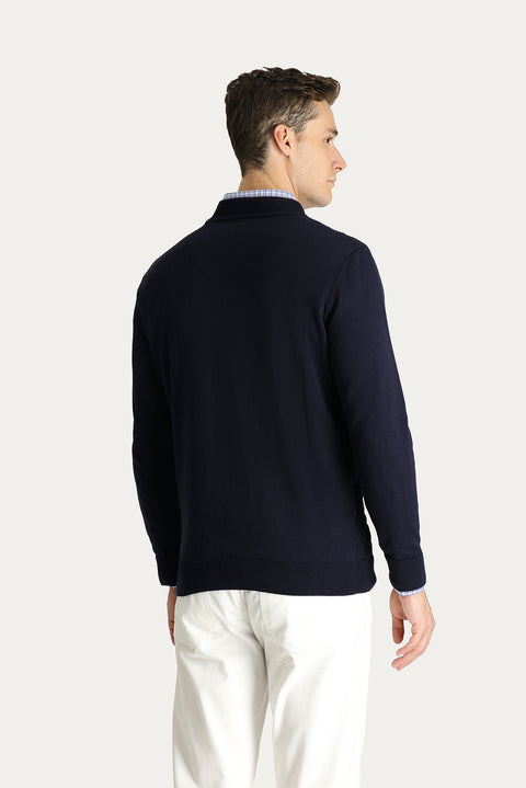 Koyu Lacivert Yarım Balıkçı Yaka Regular Fit Desenli Pamuklu Triko Kazak