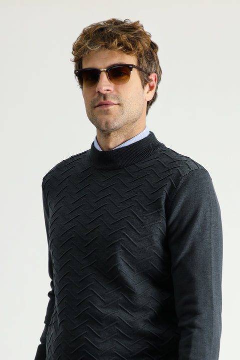 Koyu Antrasit Melanj Yarım Balıkçı Yaka Regular Fit Desenli Pamuklu Triko Kazak