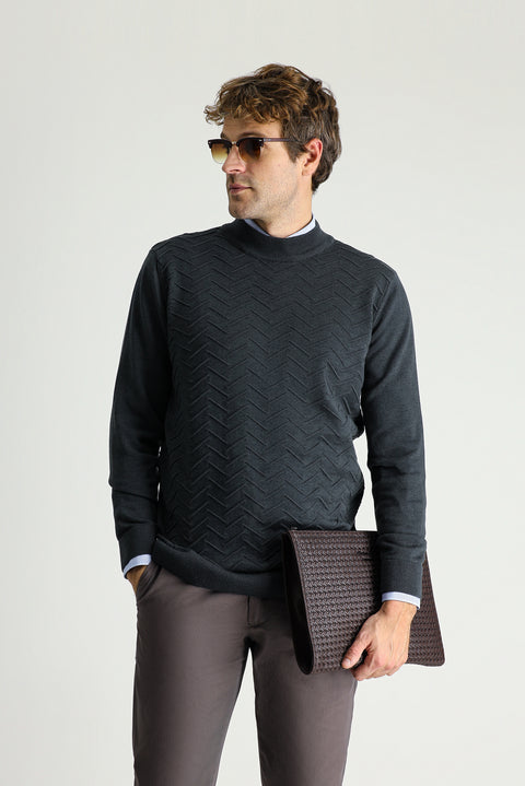 Koyu Antrasit Melanj Yarım Balıkçı Yaka Regular Fit Desenli Pamuklu Triko Kazak