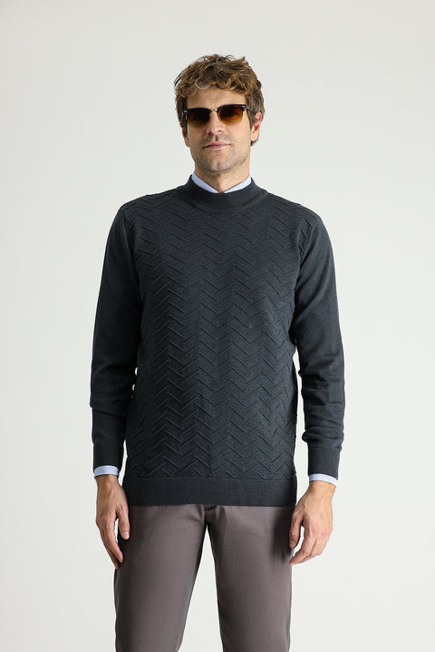 Koyu Antrasit Melanj Yarım Balıkçı Yaka Regular Fit Desenli Pamuklu Triko Kazak