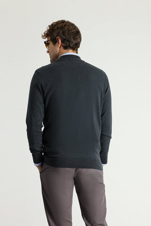 Koyu Antrasit Melanj Yarım Balıkçı Yaka Regular Fit Desenli Pamuklu Triko Kazak