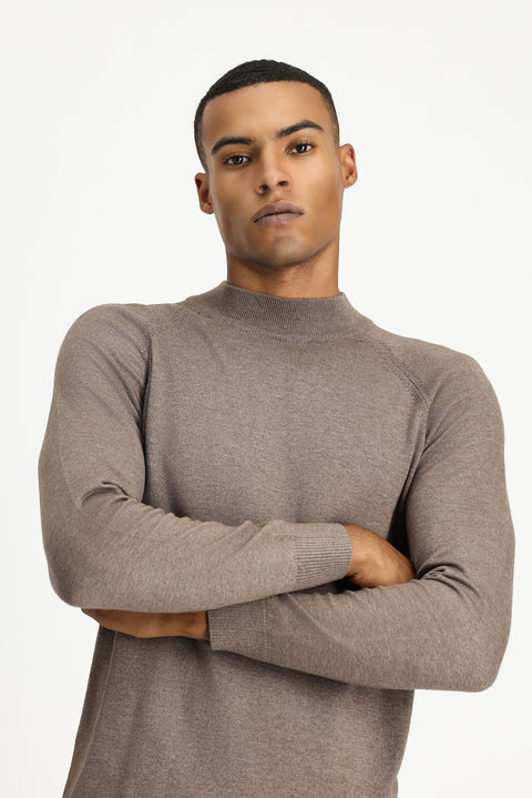 Açık Kahve Melanj Yarım Balıkçı Yaka Slim Fit Dar Kesim Pamuklu Triko Kazak