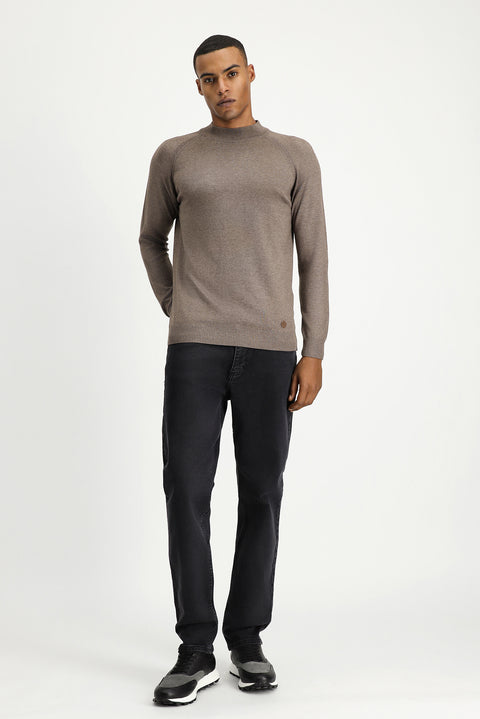 Light Brown Melange Semi-Turtleneck Slim Fit Narrow Cut Cotton Knit Sweater