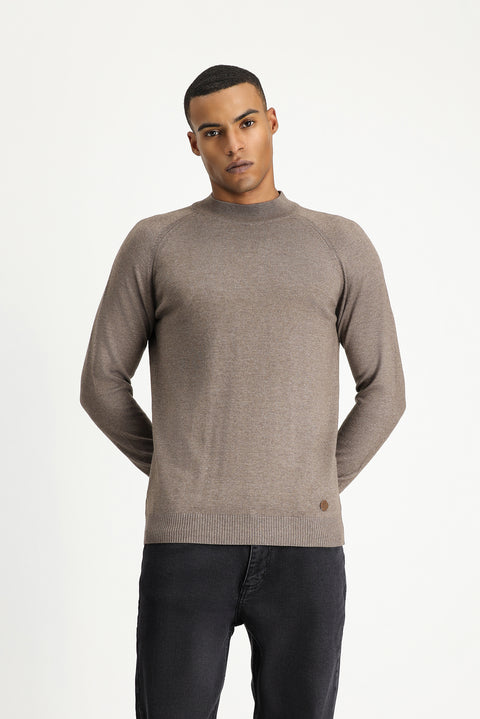 Açık Kahve Melanj Yarım Balıkçı Yaka Slim Fit Dar Kesim Pamuklu Triko Kazak