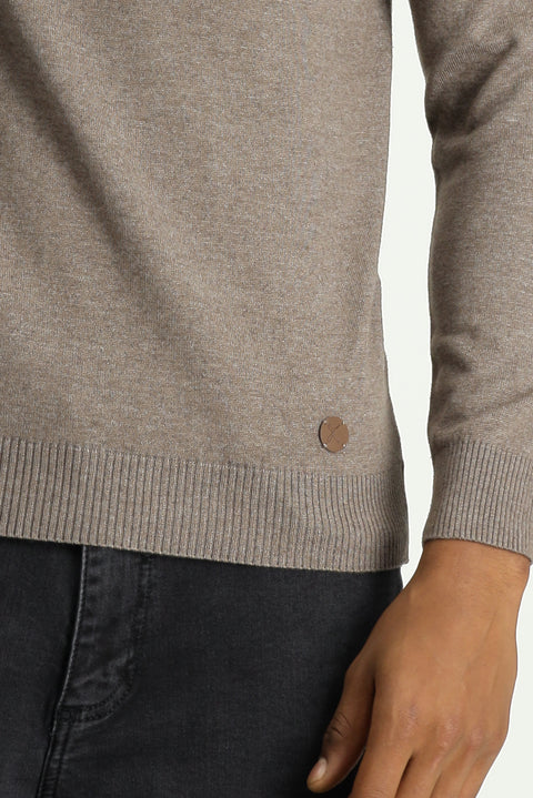 Açık Kahve Melanj Yarım Balıkçı Yaka Slim Fit Dar Kesim Pamuklu Triko Kazak