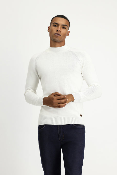 Ekru Yarım Balıkçı Yaka Slim Fit Dar Kesim Pamuklu Triko Kazak