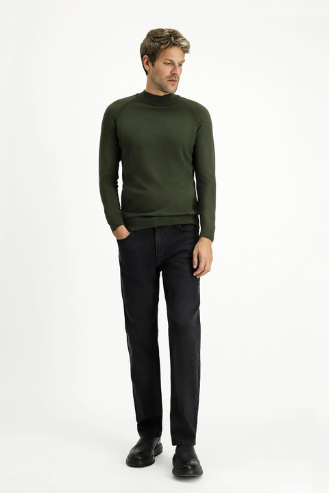 Orta Haki Yarım Balıkçı Yaka Slim Fit Dar Kesim Pamuklu Triko Kazak