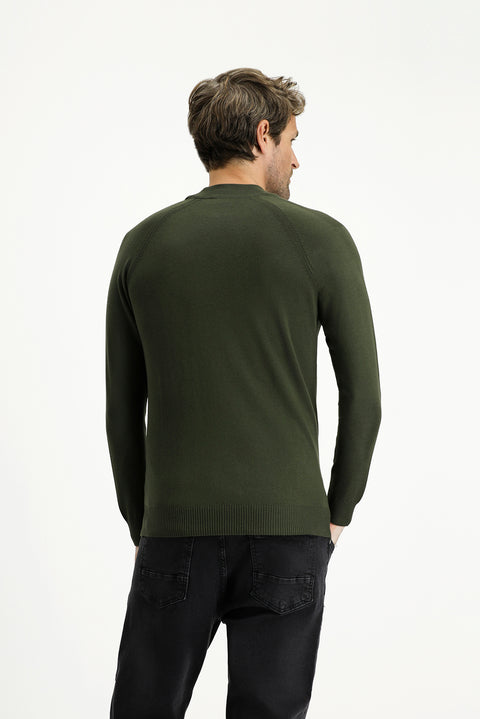 Orta Haki Yarım Balıkçı Yaka Slim Fit Dar Kesim Pamuklu Triko Kazak