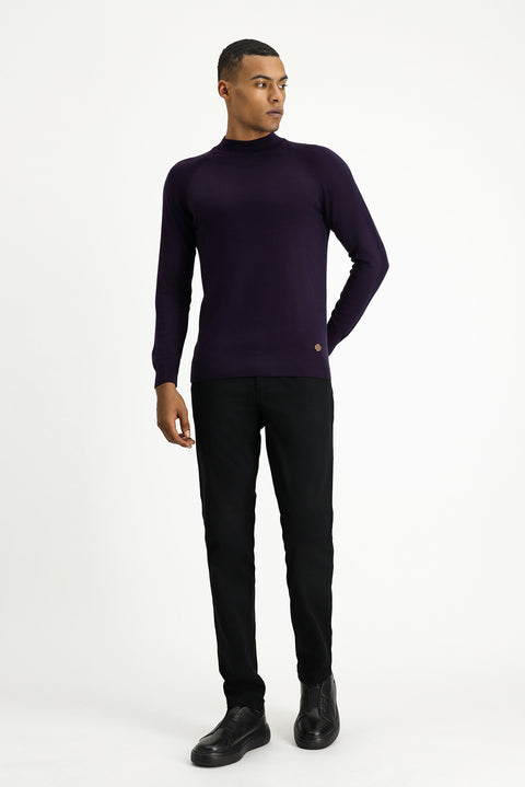 Koyu Mor Yarım Balıkçı Yaka Slim Fit Dar Kesim Pamuklu Triko Kazak