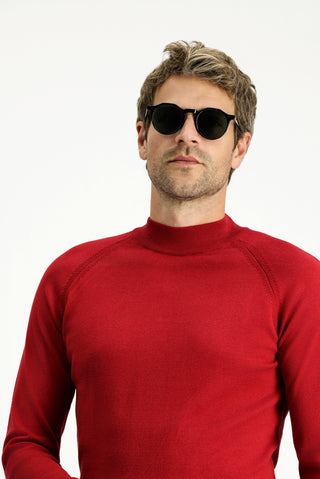  Koyu Kırmızı Yarım Balıkçı Yaka Slim Fit Dar Kesim Pamuklu Triko Kazak