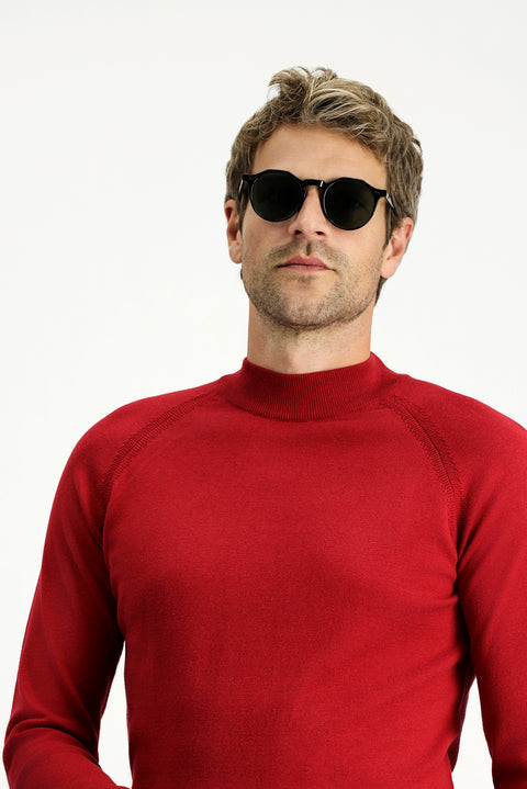 Koyu Kırmızı Yarım Balıkçı Yaka Slim Fit Dar Kesim Pamuklu Triko Kazak