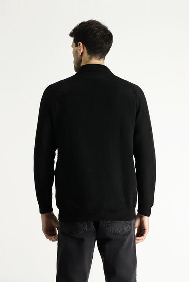 Siyah Yarım Balıkçı Yaka Slim Fit Dar Kesim Desenli Yünlü Triko Kazak