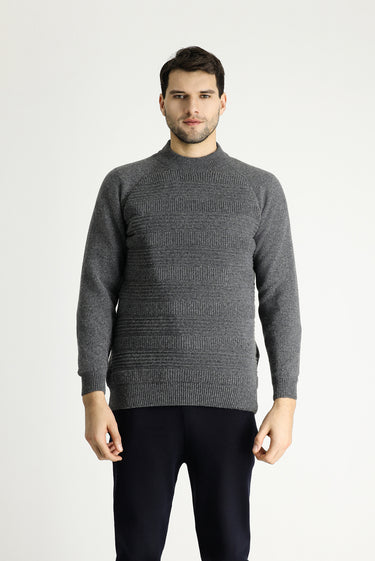 Orta Füme Yarım Balıkçı Yaka Slim Fit Dar Kesim Desenli Yünlü Triko Kazak