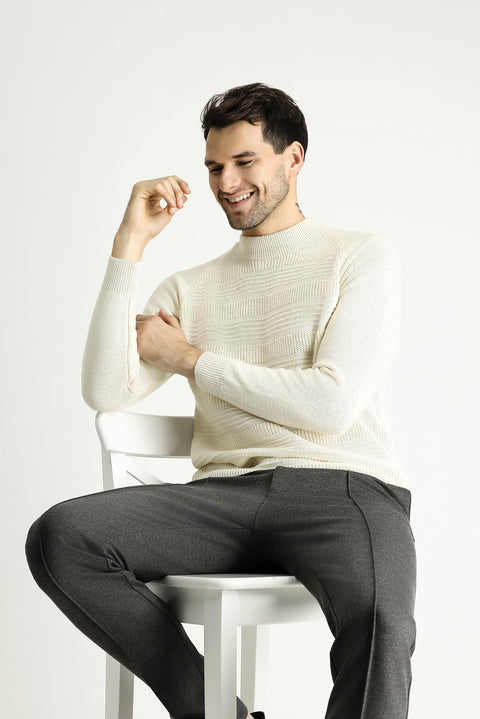 Ekru Yarım Balıkçı Yaka Slim Fit Dar Kesim Desenli Yünlü Triko Kazak