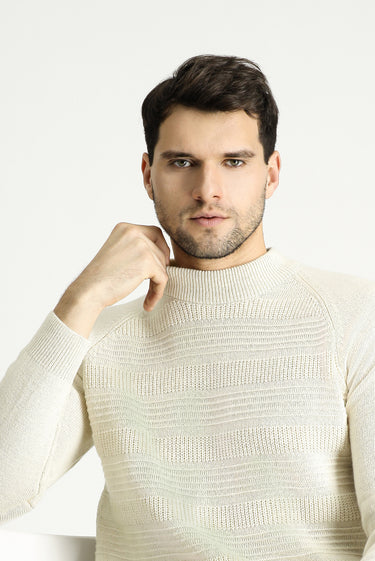  Ekru Yarım Balıkçı Yaka Slim Fit Dar Kesim Desenli Yünlü Triko Kazak