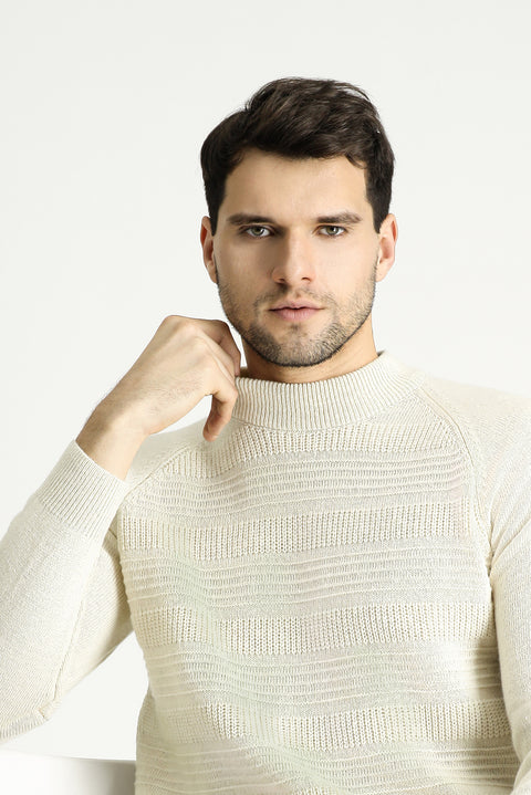 Ekru Yarım Balıkçı Yaka Slim Fit Dar Kesim Desenli Yünlü Triko Kazak