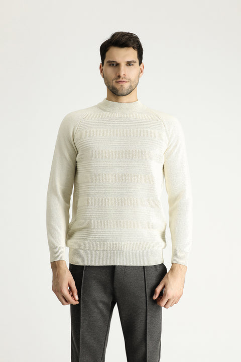 Ekru Yarım Balıkçı Yaka Slim Fit Dar Kesim Desenli Yünlü Triko Kazak