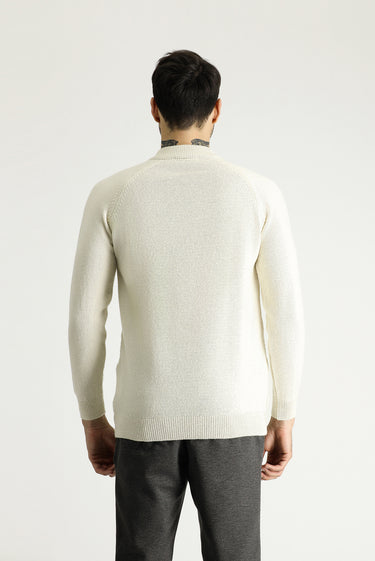 Ekru Yarım Balıkçı Yaka Slim Fit Dar Kesim Desenli Yünlü Triko Kazak